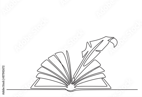 One continuous line drawing of bird feather with book. Writer and poetry symbol logo in simple linear style. Quill pen with diary . Doodle hand drawn vector illustration