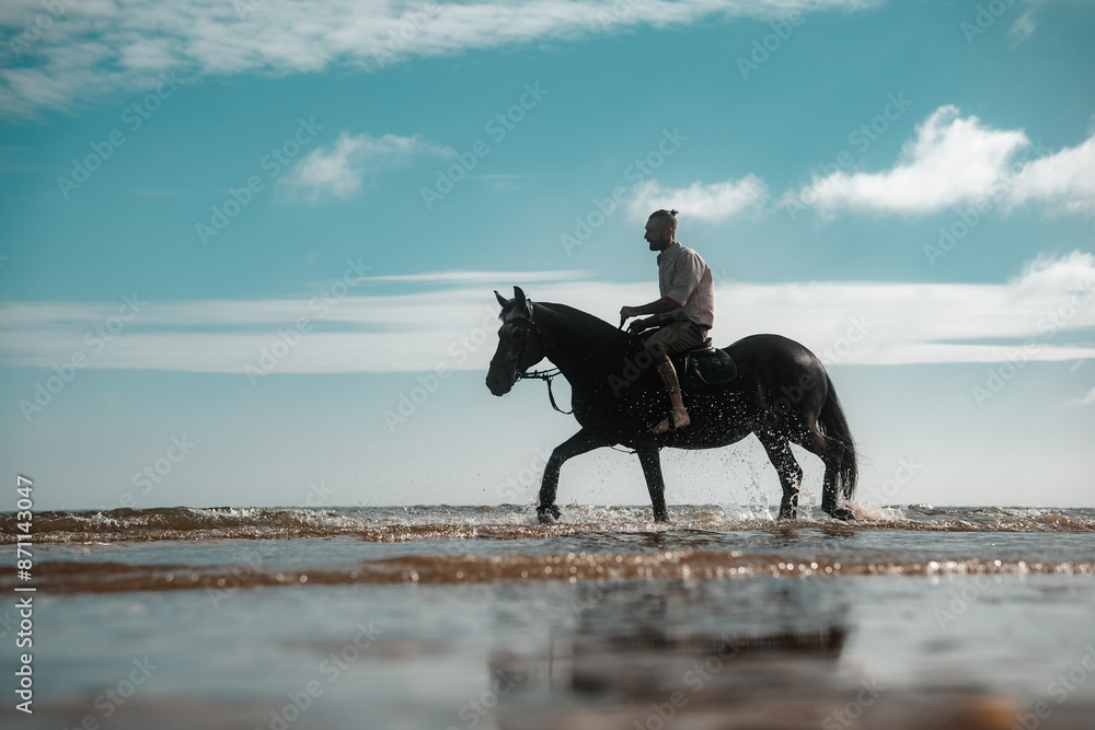 Horseback riding on a beach, man riding a horse in the sea, beautiful equine landscape photo Horseback riding on a beach, man riding a horse in the sea, beautiful equine landscape photo