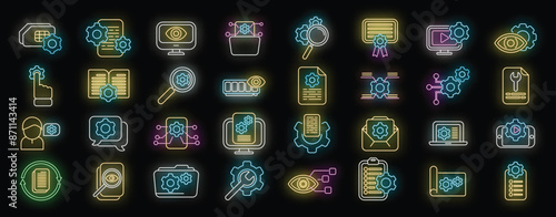 Technical overview icons set outline vector. Phone specification. Camera memory neon color on black