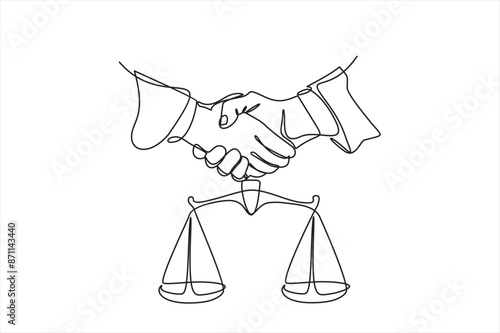 Continuous one single line drawing Client shakes hands with lawyer Legal services scales Advocate consultation Jurisprudence icon vector illustration
