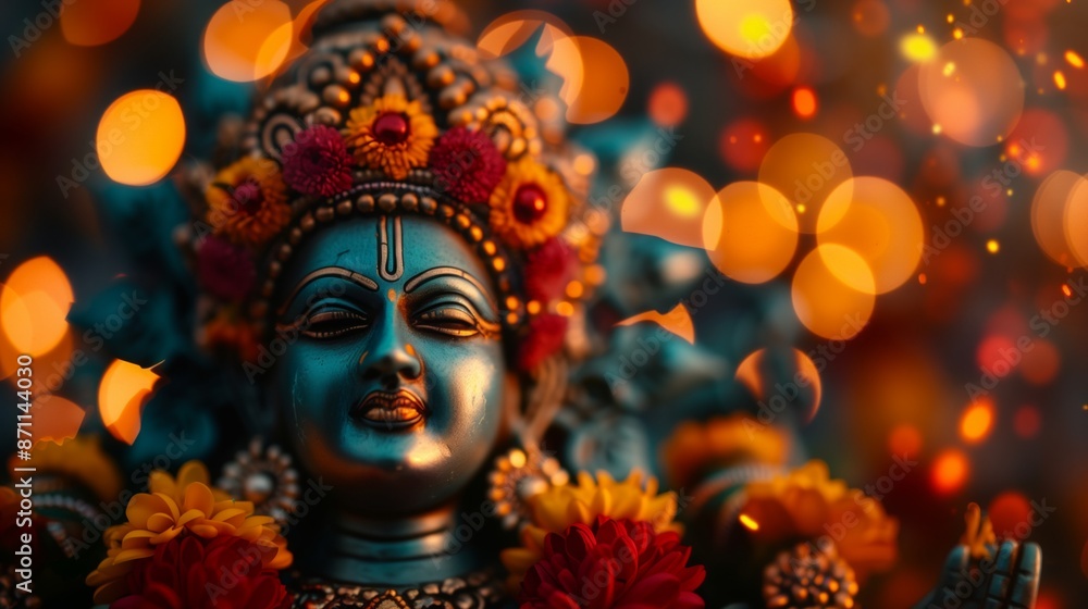 A close-up image of the Goddess Durga statue with vibrant flowers A close-up image of the Goddess Durga statue with vibrant flowers