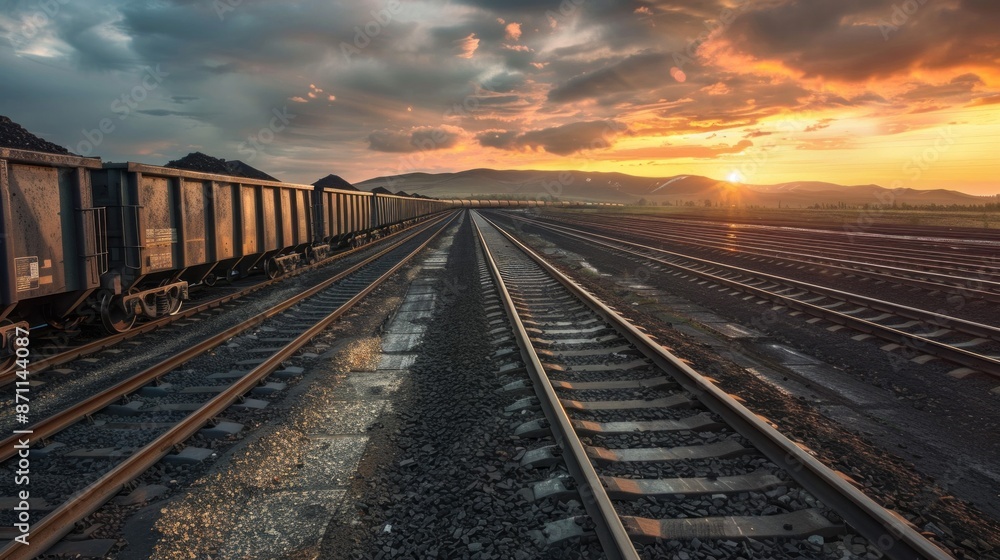 A train loaded with coal cars sits on the tracks at sunset. The tracks stretch out into the distance, creating a sense of vastness and industrial scale. The sun casts a warm glow over the scene A train loaded with coal cars sits on the tracks at sunset. The tracks stretch out into the distance, creating a sense of vastness and industrial scale. The sun casts a warm glow over the scene