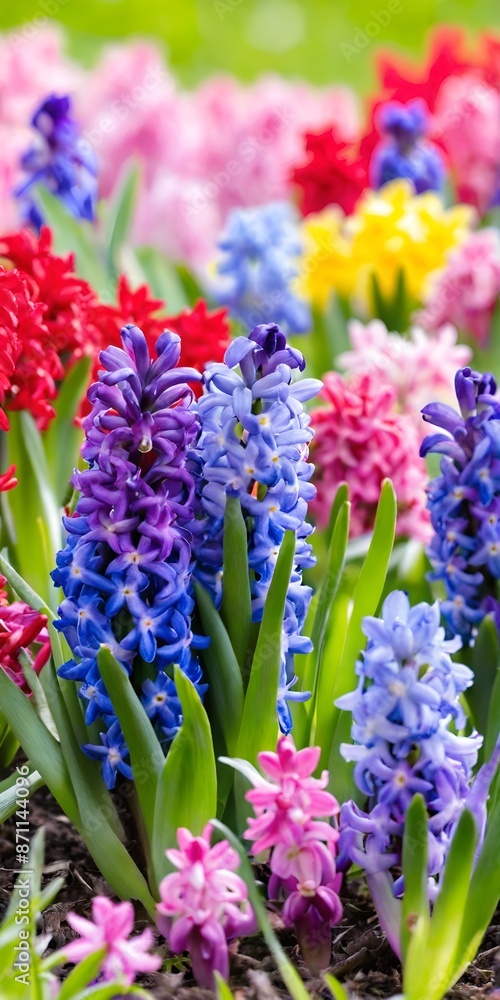 Fototapeta premium Group multicolored blooming hyacinths. Spring landscape.