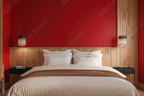 Wallpaper Mural Modern Red and Wood Bedroom. Generative AI. Torontodigital.ca