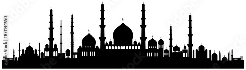 Arabic architecture mosque black silhouette. Mosque roof, Islamic cityscape panorama and minaret skyline silhouettes for Islamic holidays Ramadan, Eid Al-Adha, Eid Mubarak. Isolated vector