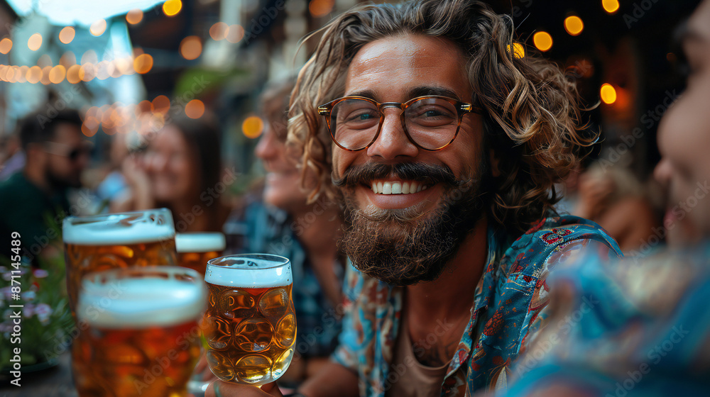 A group of happy friends a drinking beer together at a street cafe. A group of happy friends a drinking beer together at a street cafe.
