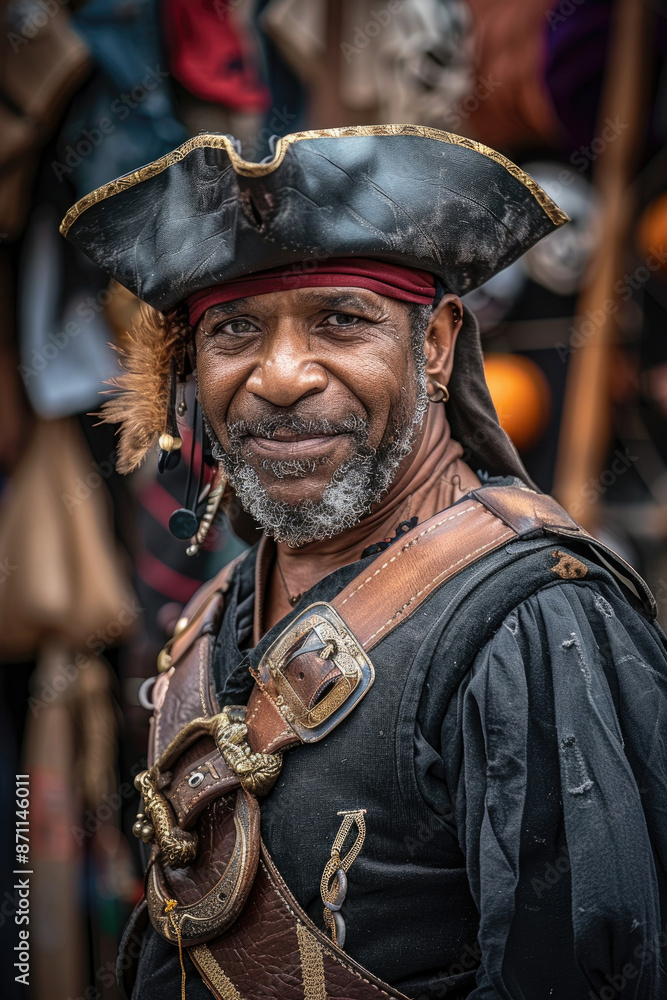 A man dressed as a pirate captain with a black hat and a red bandana smiles for a picture at a Renaissance Faire A man dressed as a pirate captain with a black hat and a red bandana smiles for a picture at a Renaissance Faire