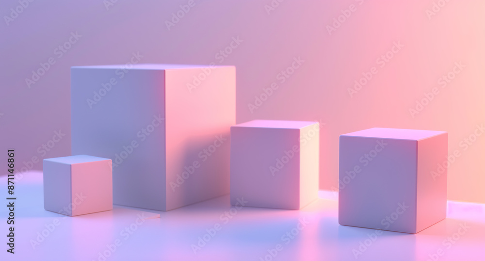 3D rendering of white cubes with different sides on a gradient background. 3D rendering of white cubes with different sides on a gradient background.