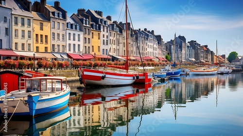 The historic harbor of Honfleur with colorful boats photo