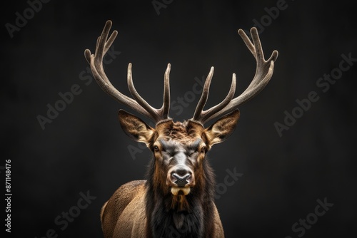 a deer with large antlers standing in front of a black background © Aliaksandr Siamko