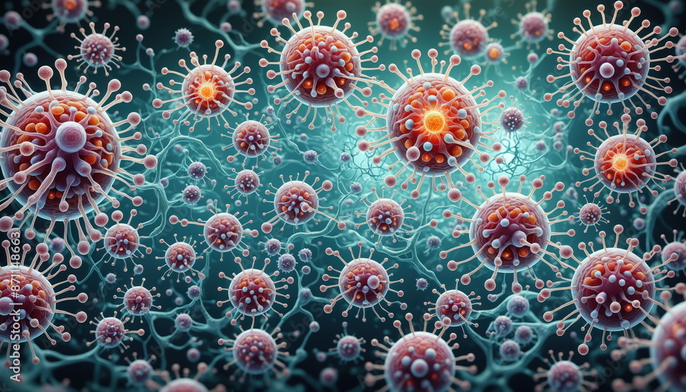 Detailed microscopic illustration of numerous red and orange cells connected by thin tendrils. The cells are in focus while the background is a blurry, light blue hue Detailed microscopic illustration of numerous red and orange cells connected by thin tendrils. The cells are in focus while the background is a blurry, light blue hue