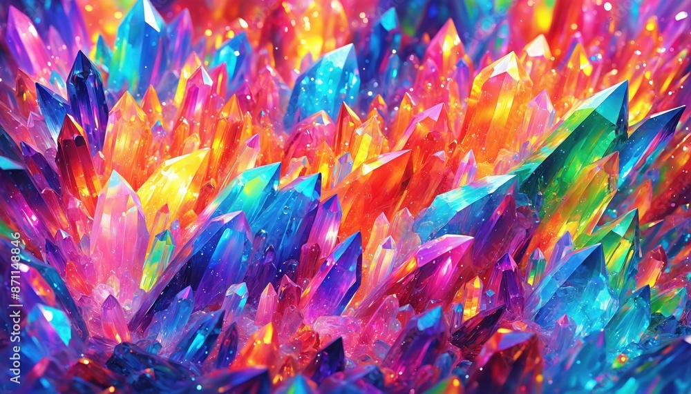 Close-up colorful crystals shows their facets reflecting a spectrum of hues, highlighting the interplay of light and color in these natural wonders Close-up colorful crystals shows their facets reflecting a spectrum of hues, highlighting the interplay of light and color in these natural wonders