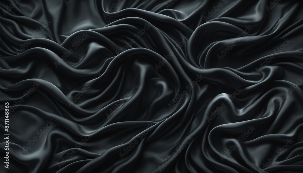 Fototapeta premium Black fabric draped in a series of smooth, flowing, and wavy patterns, creating a visually appealing abstract design