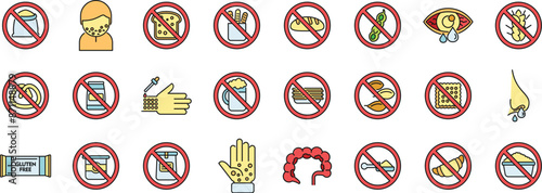 Gluten intolerance icons set outline vector. Free gluten. Non gmo thin line color flat on white