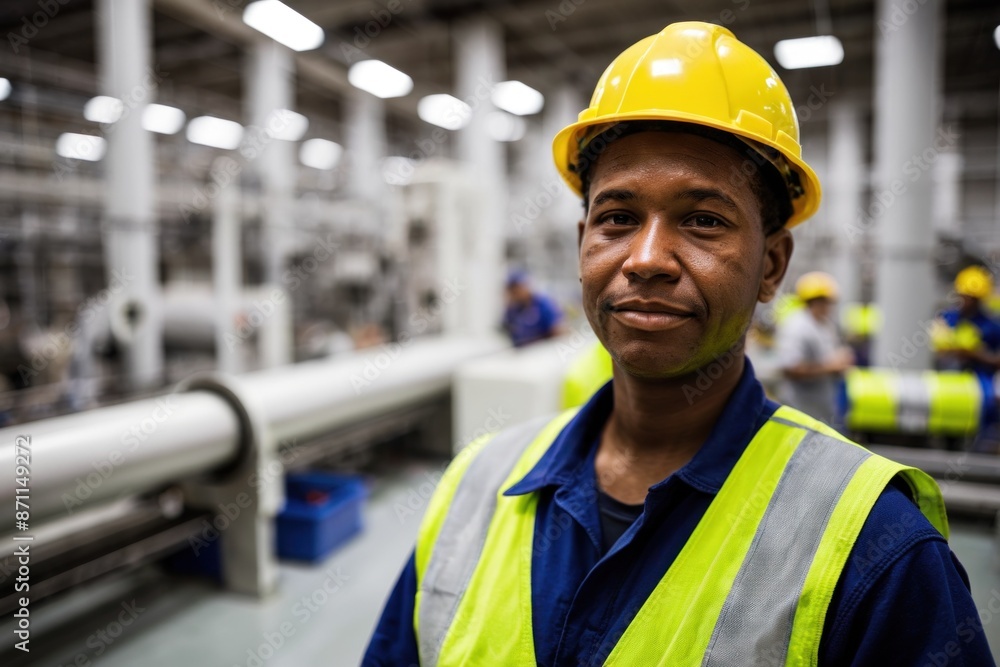 A factory worker in a yellow hard hat and safety vest smiles at the camera in front of a bustling factory floor with machinery and coworkers A factory worker in a yellow hard hat and safety vest smiles at the camera in front of a bustling factory floor with machinery and coworkers