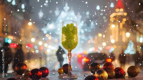 A glass of green grapes stands on an outdoor ledge amidst holiday ornaments, with a softly snowing cityscape background, evoking winter festivities and cheer. photo