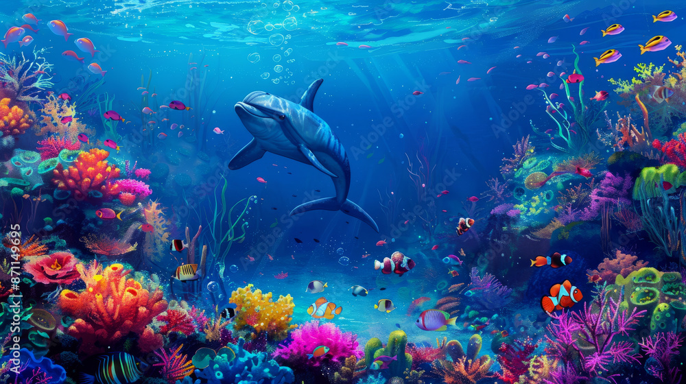 Fototapeta premium A colorful coral reef with various fish swimming around, 