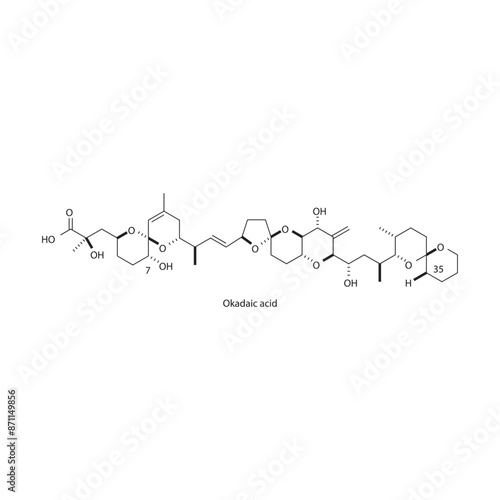 Okadaic acid skeletal structure diagram.marine toxin compound molecule scientific illustration. photo