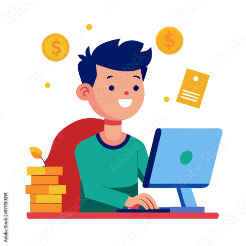 Happy Young Asian Man Working at His Computer and Making Money Online