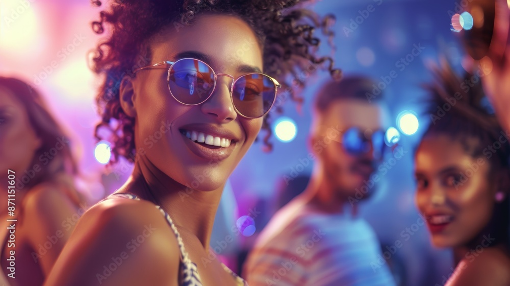 A woman wearing sunglasses and smiling at the camera, night party A woman wearing sunglasses and smiling at the camera, night party
