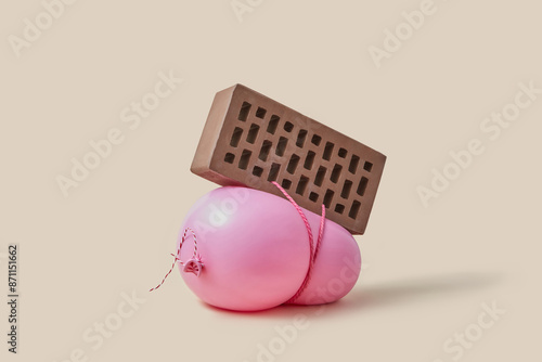 Red clinker brick pressing pink balloon with heavy weight