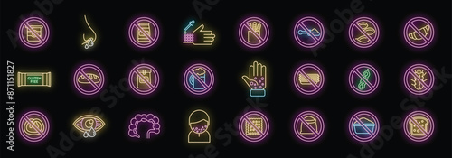 Gluten intolerance icons set outline vector. Free gluten. Non gmo neon color on black