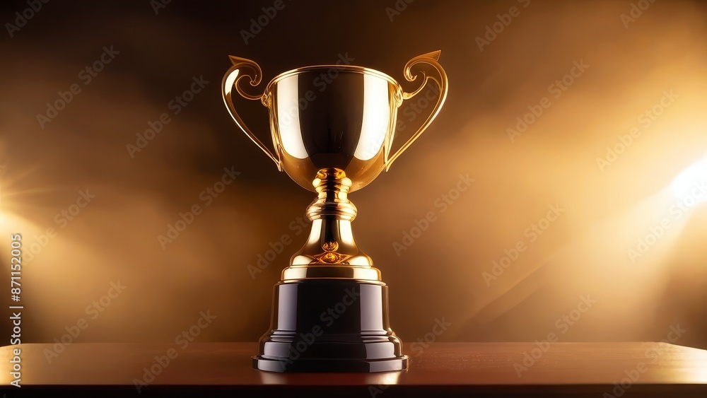 A gold trophy sits on a wooden table. The trophy is shiny and golden, and it is placed on a black base. The scene is illuminated by bright lights, which create a sense of importance and celebration A gold trophy sits on a wooden table. The trophy is shiny and golden, and it is placed on a black base. The scene is illuminated by bright lights, which create a sense of importance and celebration