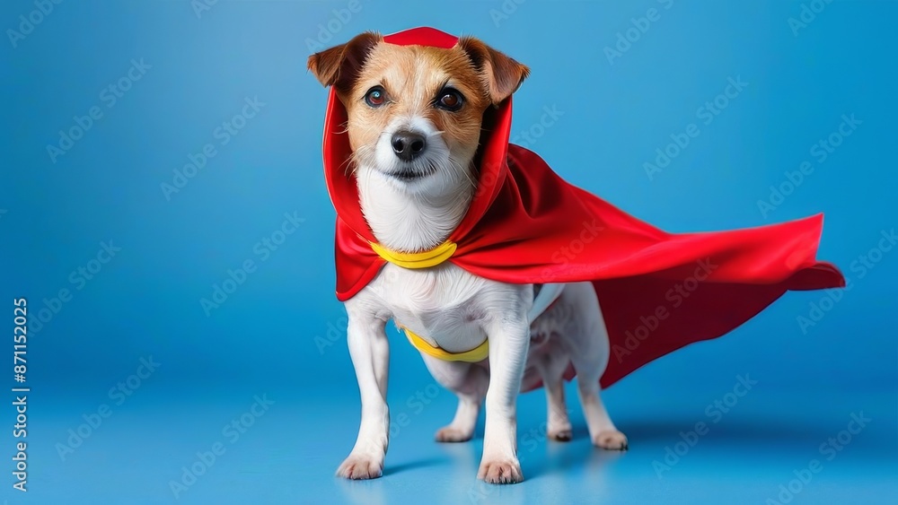 A dog is wearing a red cape and standing on a blue background. The dog looks like it is a superhero A dog is wearing a red cape and standing on a blue background. The dog looks like it is a superhero