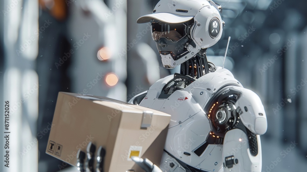 Fototapeta premium Robot Delivering Package in Warehouse. A futuristic robot holding a package in a high-tech warehouse, symbolizing advanced logistics and automation.