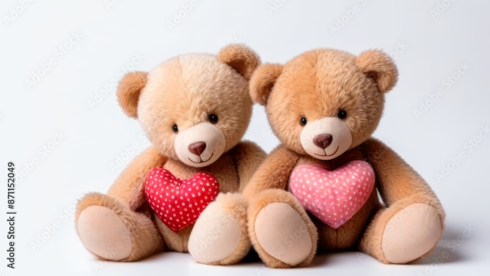 Obraz premium Two teddy bears sitting next to each other with a red heart in between them. The heart is surrounded by the word love. Concept of warmth and affection, as the teddy bears are holding hands