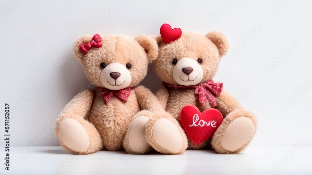 Two teddy bears sitting next to each other with a red heart in between them. The heart is surrounded by the word love. Concept of warmth and affection, as the teddy bears are holding hands Two teddy bears sitting next to each other with a red heart in between them. The heart is surrounded by the word love. Concept of warmth and affection, as the teddy bears are holding hands