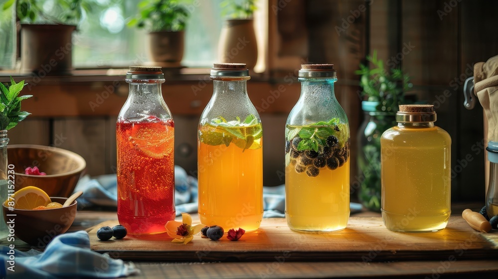 Displayed are four glass bottles containing different homemade drinks infused with herbs and fruits, arranged on a wooden table in a rustic kitchen setting, emanating a refreshing and artisanal vibe. Displayed are four glass bottles containing different homemade drinks infused with herbs and fruits, arranged on a wooden table in a rustic kitchen setting, emanating a refreshing and artisanal vibe.