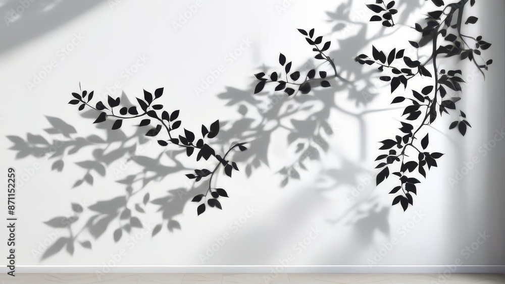 A wall with a tree branch design and black and white leaves. The leaves are casting shadows on the wall, creating a sense of depth and movement. The design is simple yet elegant A wall with a tree branch design and black and white leaves. The leaves are casting shadows on the wall, creating a sense of depth and movement. The design is simple yet elegant
