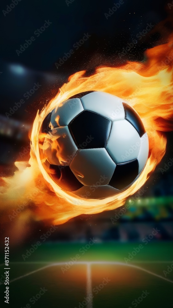 Naklejka premium A soccer ball is on fire in the air. Concept of excitement and energy, as if the ball is soaring through the sky with a fiery trail behind it. The scene is dynamic and visually striking