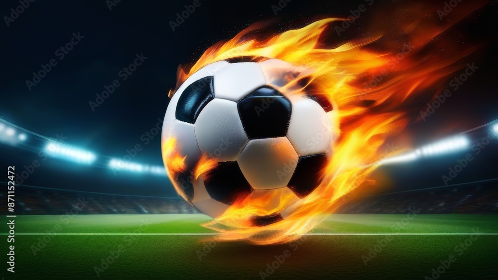 Obraz premium A soccer ball is on fire in the air. Concept of excitement and energy, as if the ball is soaring through the sky with a fiery trail behind it. The scene is dynamic and visually striking