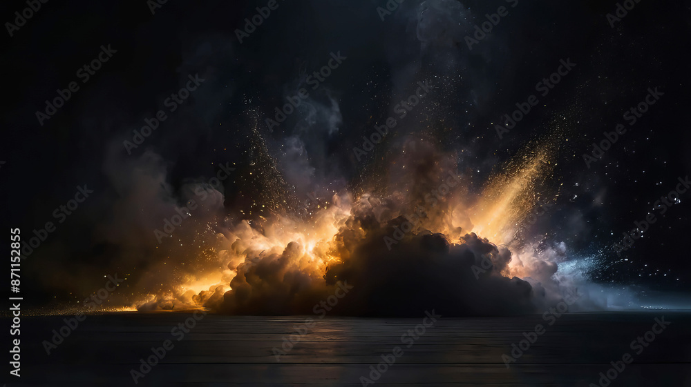 Abstract dark background with glowing particles rising from the floor of a black room Abstract dark background with glowing particles rising from the floor of a black room