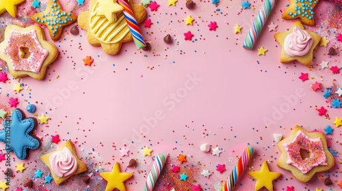 Colorful, star-shaped cookies and various sweets are scattered on a light pink background, creating a festive and cheerful vibe perfect for parties or celebrations. © Pinklife