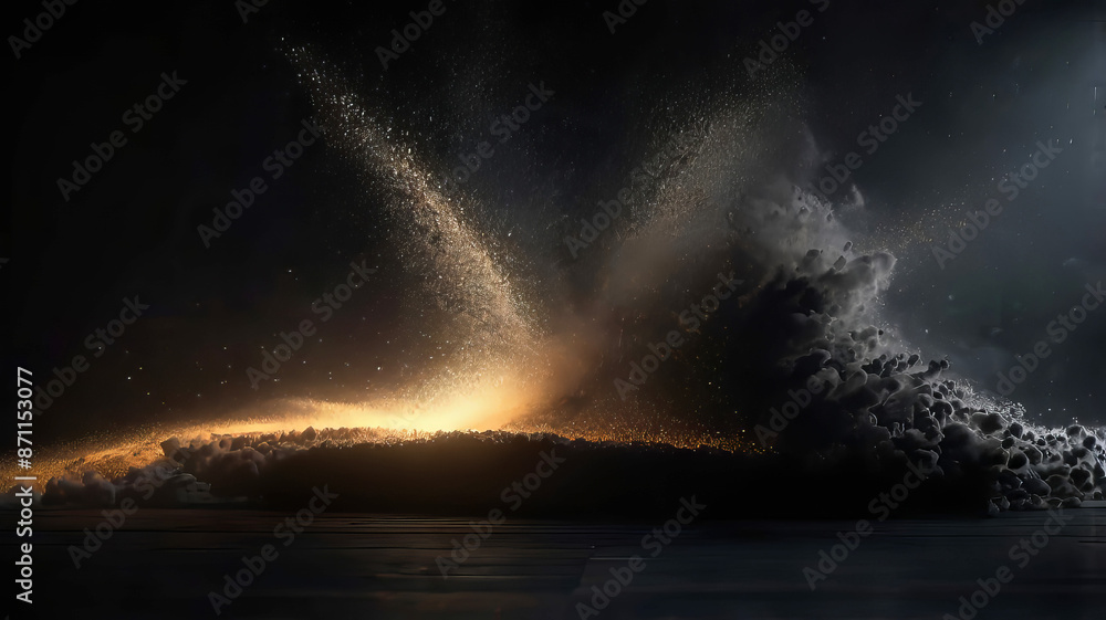 Abstract dark background with glowing particles rising from the floor of a black room Abstract dark background with glowing particles rising from the floor of a black room