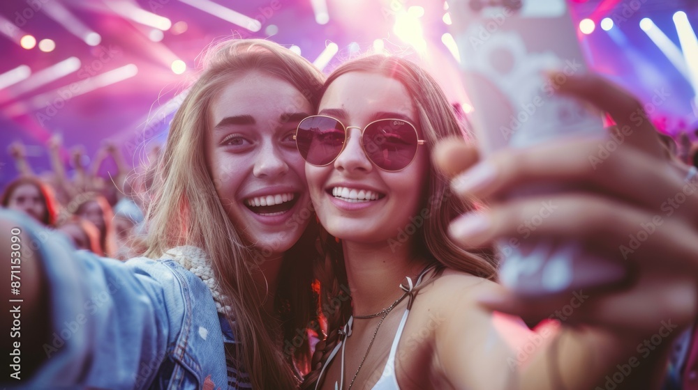 Two women are smiling and taking a selfie at a concert Two women are smiling and taking a selfie at a concert