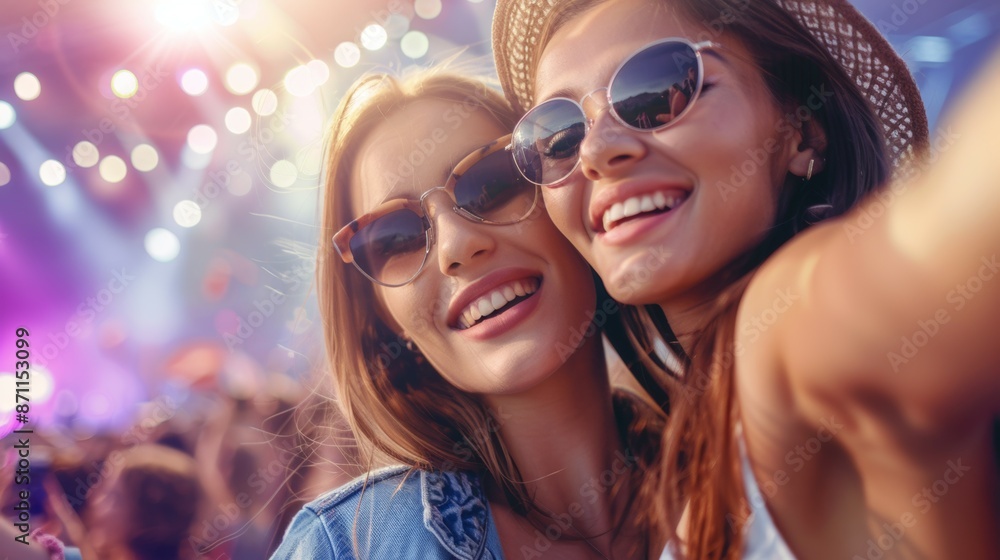 Two women wearing sunglasses and smiling for a photo, concert or festival Two women wearing sunglasses and smiling for a photo, concert or festival