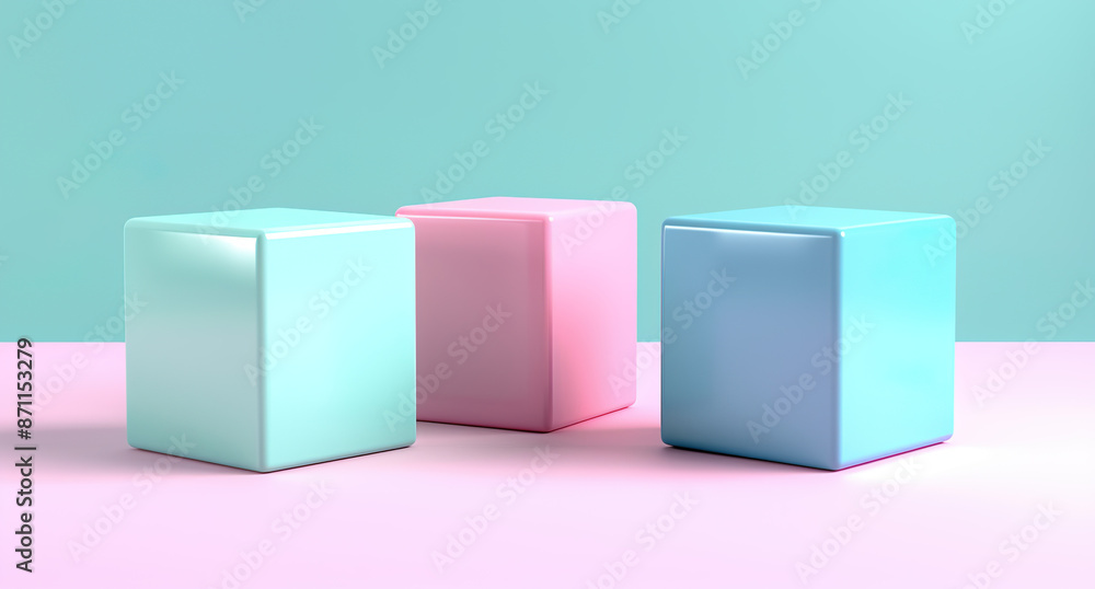 3D rendering of glossy pastel-colored cubes on a pink and blue background. 3D rendering of glossy pastel-colored cubes on a pink and blue background.