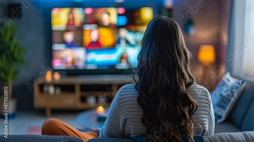 A woman uses her home smart TV to access OTT content. photo