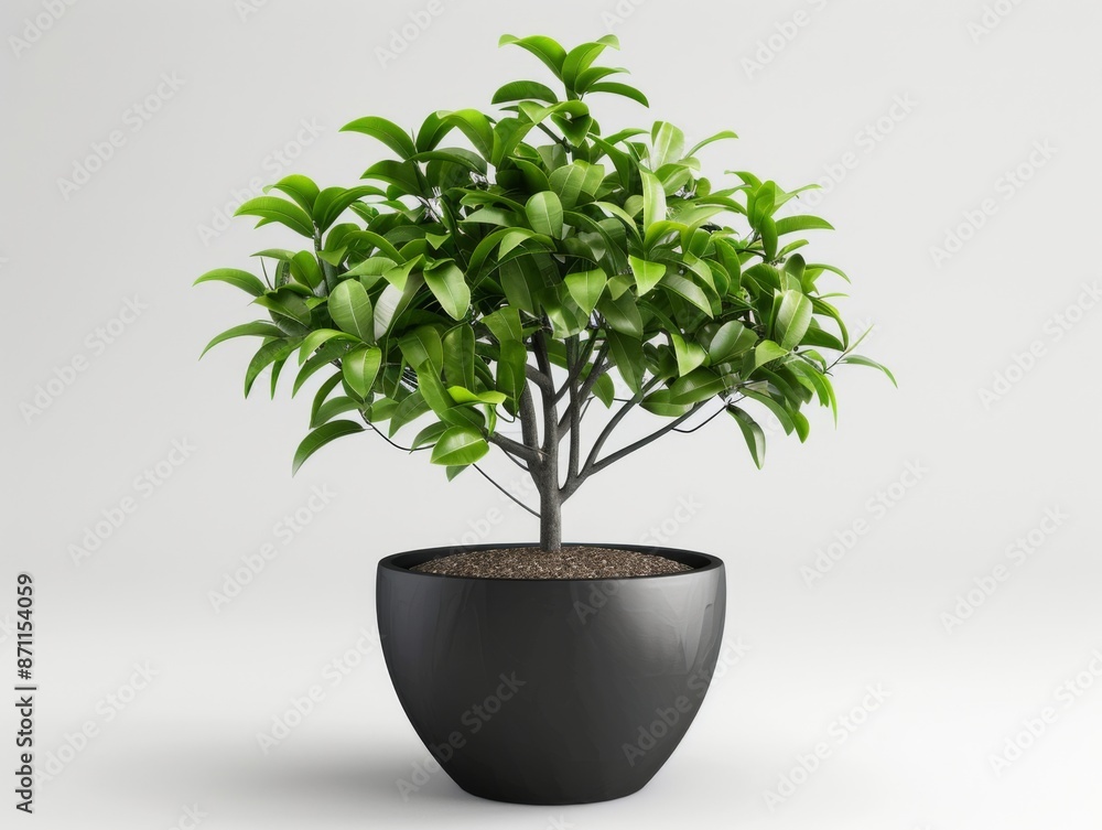 A lush green plant in a black pot against a plain white background, symbolizing simplicity and natural beauty. on a light background A lush green plant in a black pot against a plain white background, symbolizing simplicity and natural beauty. on a light background