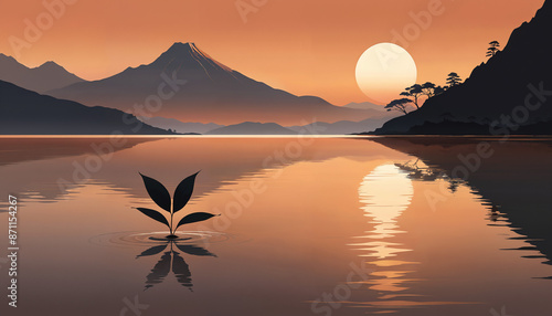 silhouette of a leaf against the backdrop of sunset over a mountain lake