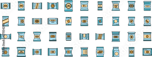 Snack pack icons set outline vector. Candy bag. Biscuit package thin line color flat on white