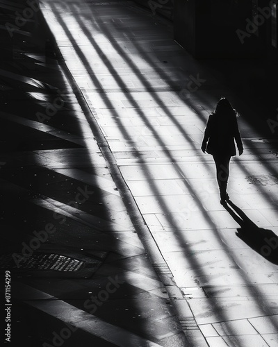 a person walking down a sidewalk with a shadow