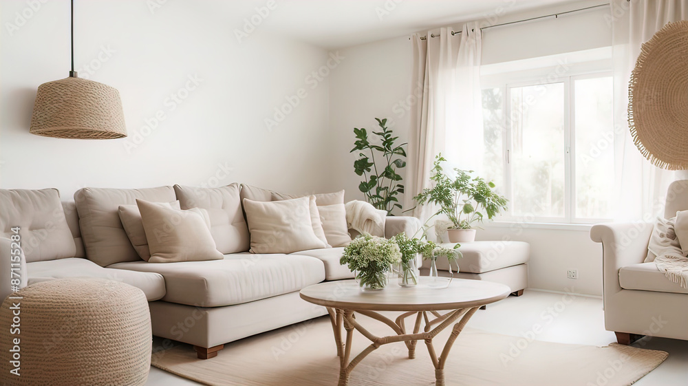 Fototapeta premium modern villa living room with antique decor and furniture, neutral sofa and jute rug, interior photography. Modern interior,