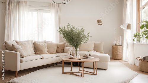 modern villa living room with antique decor and furniture, neutral sofa and jute rug, interior photography. Modern interior,