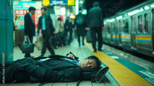 駅のベンチで酔っ払って寝るビジネスマン