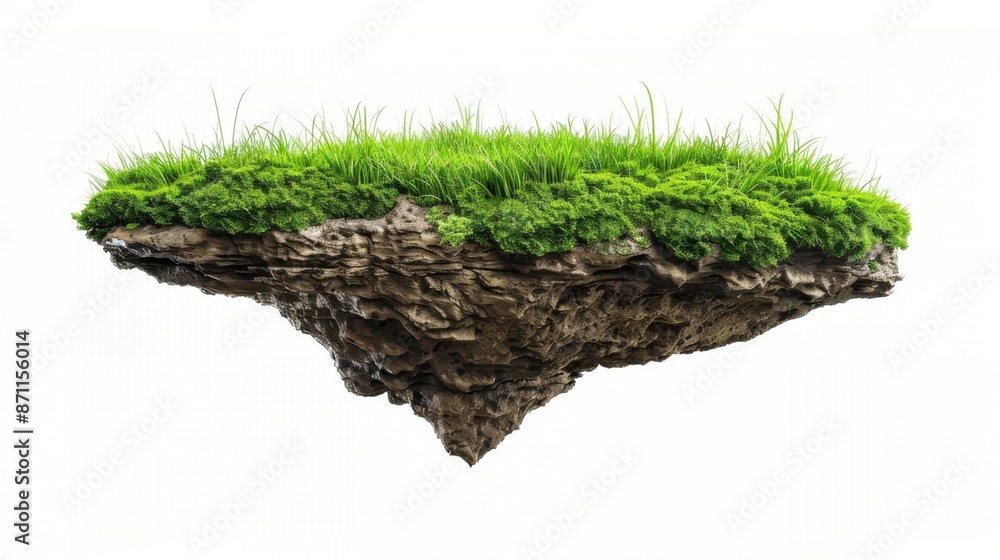 Piece of ground covered with grass is floating in the air. Flying island isolated on white background